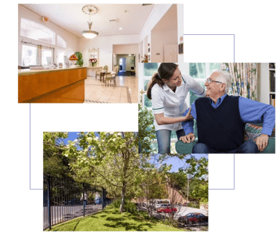 Interior view of the lobby and staff interacting with residents