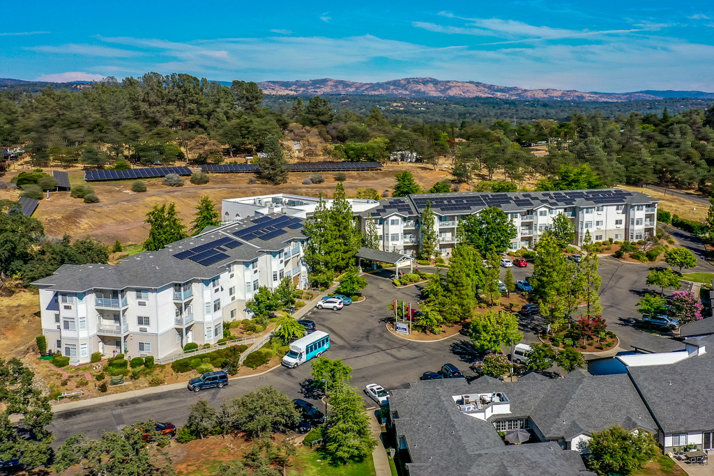 Aerial view of Country Crest Assisted Living facility with gardens