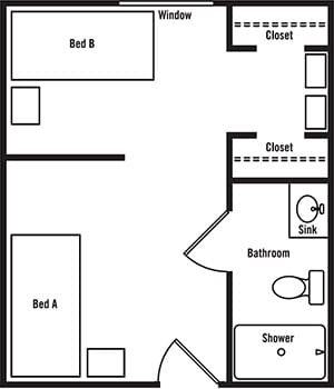 Architectural floor plan of resident room layout