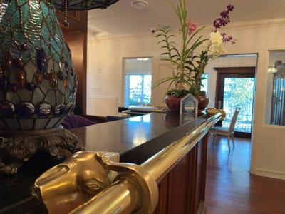 Interior view of a lobby with plants and decor
