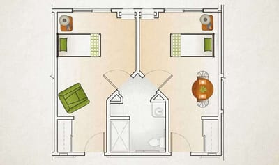 Architectural floor plan of a shared living space