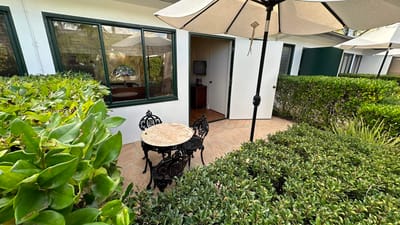 Outdoor seating area with table and chairs surrounded by greenery