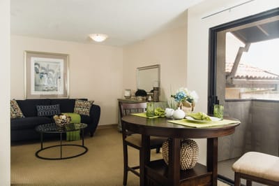 A cozy living area with modern decor in a senior living facility