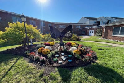 Outdoor garden with colorful flowers and a butterfly sculpture