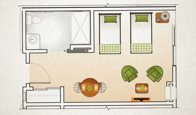 Illustration of a resident room layout with furniture