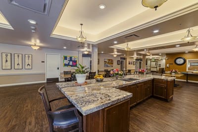 Bright interior view of a common area with seating and decor