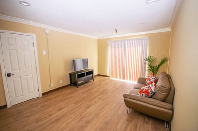 Bright and simple living room with a sofa and TV