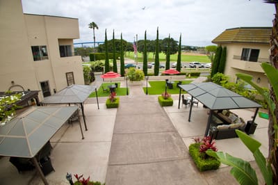 Outdoor seating area with garden and picnic tables
