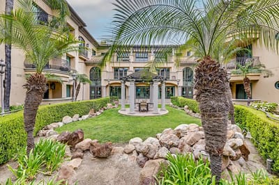 Serene outdoor courtyard with palm trees and seating area
