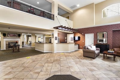 Bright and welcoming lobby area of the assisted living facility