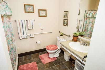 Orchards Assisted Living, assisted living in Medford, OR — Bathroom interior with floral decor and amenities