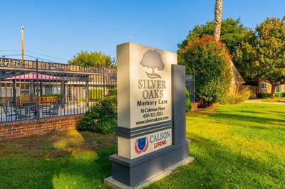 Entrance sign of Silver Oaks Memory Care facility
