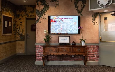 Interior view of a common area with information display