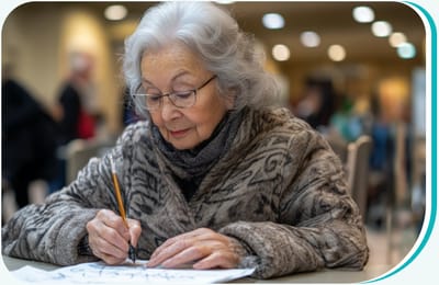 An elderly woman drawing in a cozy interior space