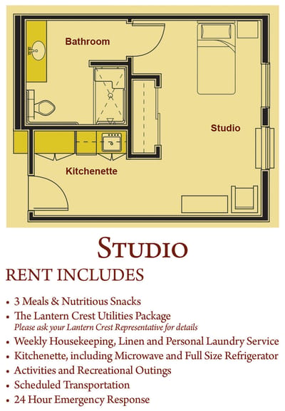 Floor plan of a studio apartment with kitchenette and bathroom