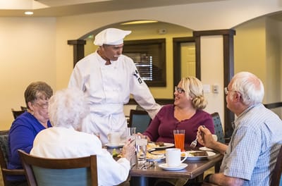 Residents enjoying a meal with staff in the dining room