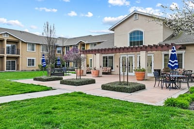 Outdoor space with seating and landscaping
