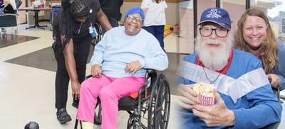 Residents enjoying activities and popcorn in a common area