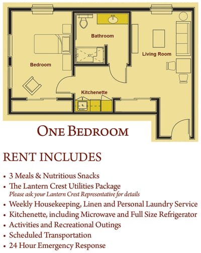 Floor plan of a one-bedroom unit with labeled rooms