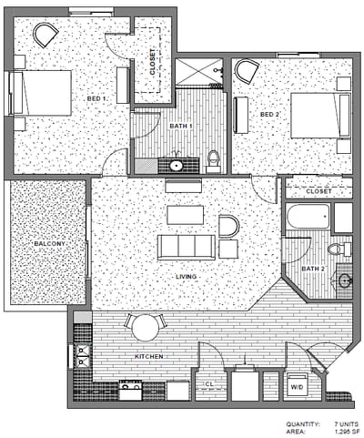 Architectural floor plan for a two-bedroom unit