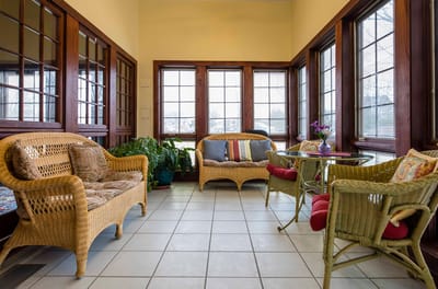 Bright and inviting common area with seating