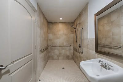 Accessible bathroom with grab bars and shower