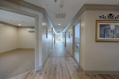 A bright hallway in the assisted living facility