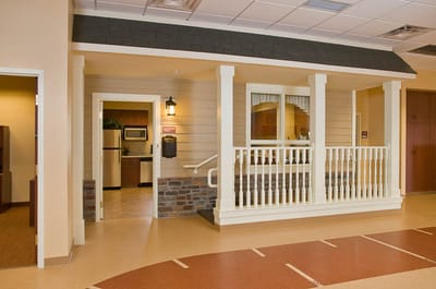 Brightly designed common area with a welcoming porch