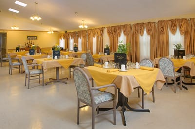 Well-decorated dining room with yellow table settings