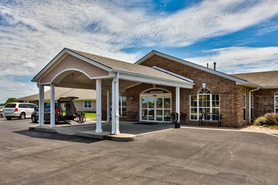 Exterior view of a senior living facility entrance