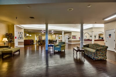 Bright common area with seating and decor
