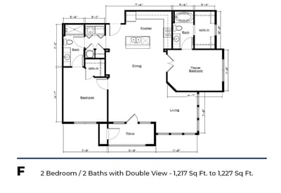 Architectural floor plan of a two-bedroom unit