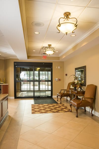 Bright lobby area with seating and decor