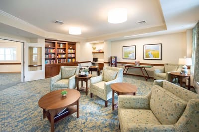 Cozy lounge area with bookshelves and seating
