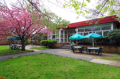 Exterior view of the facility with outdoor seating and flowering trees