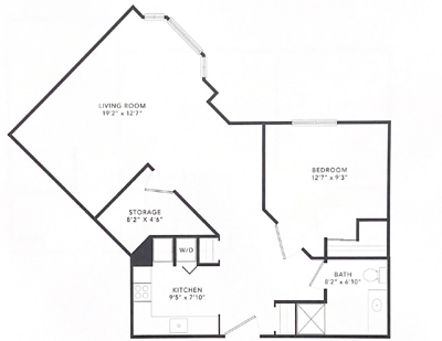 Architectural floor plan of a one-bedroom unit