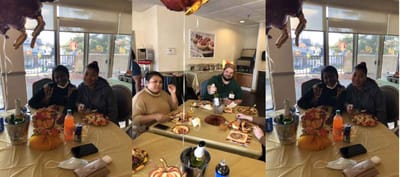 Residents enjoying a meal together in the dining room