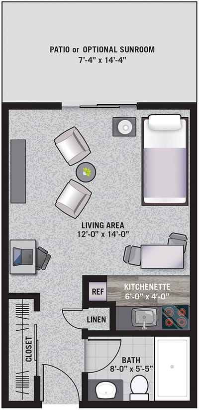 Architectural floor plan of a living space with patio