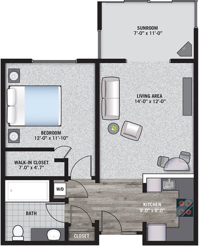 Architectural floor plan of a resident unit layout