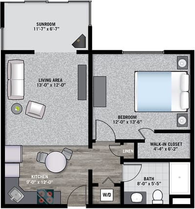 Architectural floor plan of a one-bedroom unit