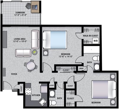 Architectural floor plan of a two-bedroom unit