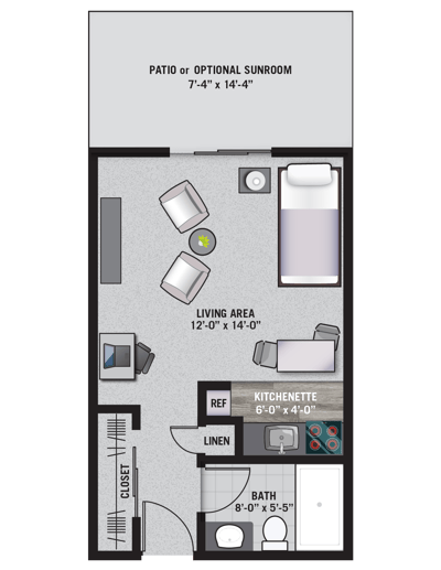 Architectural floor plan of a living space with kitchenette