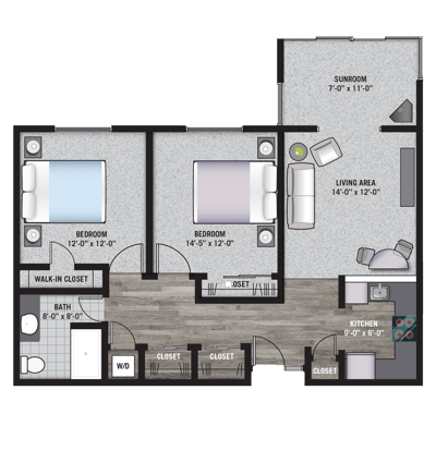 Architectural floor plan of a two-bedroom unit