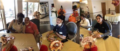Residents enjoying a Thanksgiving meal together