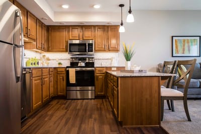 Modern kitchen interior with wooden cabinets and appliances