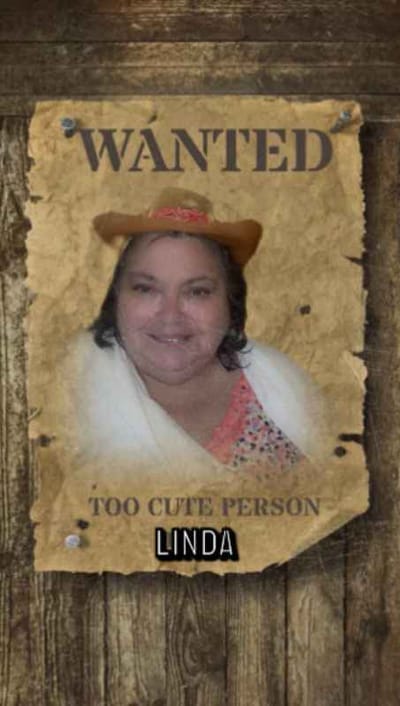 Wanted poster featuring a smiling woman named Linda
