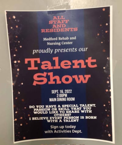 Event flyer for a talent show in the dining room