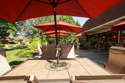 Outdoor seating area with red umbrellas and greenery