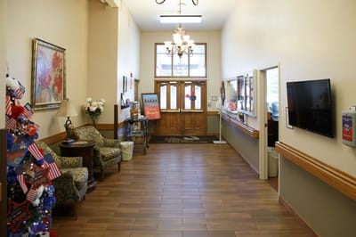 Interior view of a common area with seating
