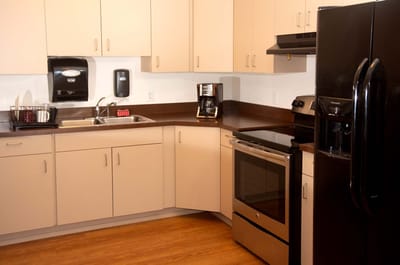 Well-equipped kitchen area in a senior living facility